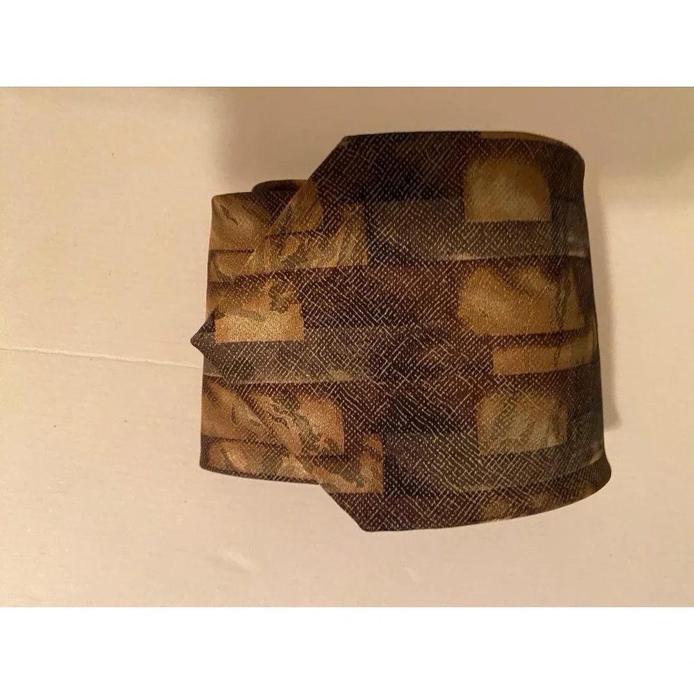 J. Ferrar Mens Silk Tie Brown Green Gold Geometric Made in Italy 4 Inch Width